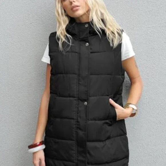 Long Hooded Puffer Vest Quilted Sleeveless Jacket Minimal Chic Winter Outerwear